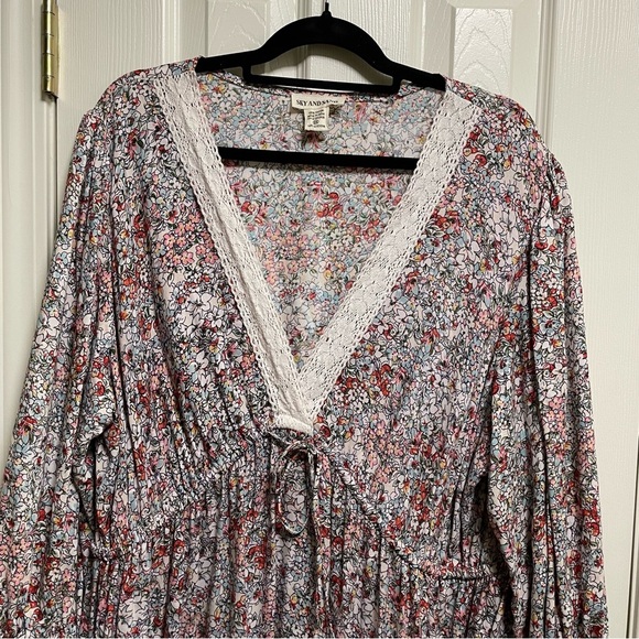 Sky and Sand Floral Lace Trim Tie Waist Puff Sleeve Long Maxi Dress Plus 2X - Picture 5 of 10